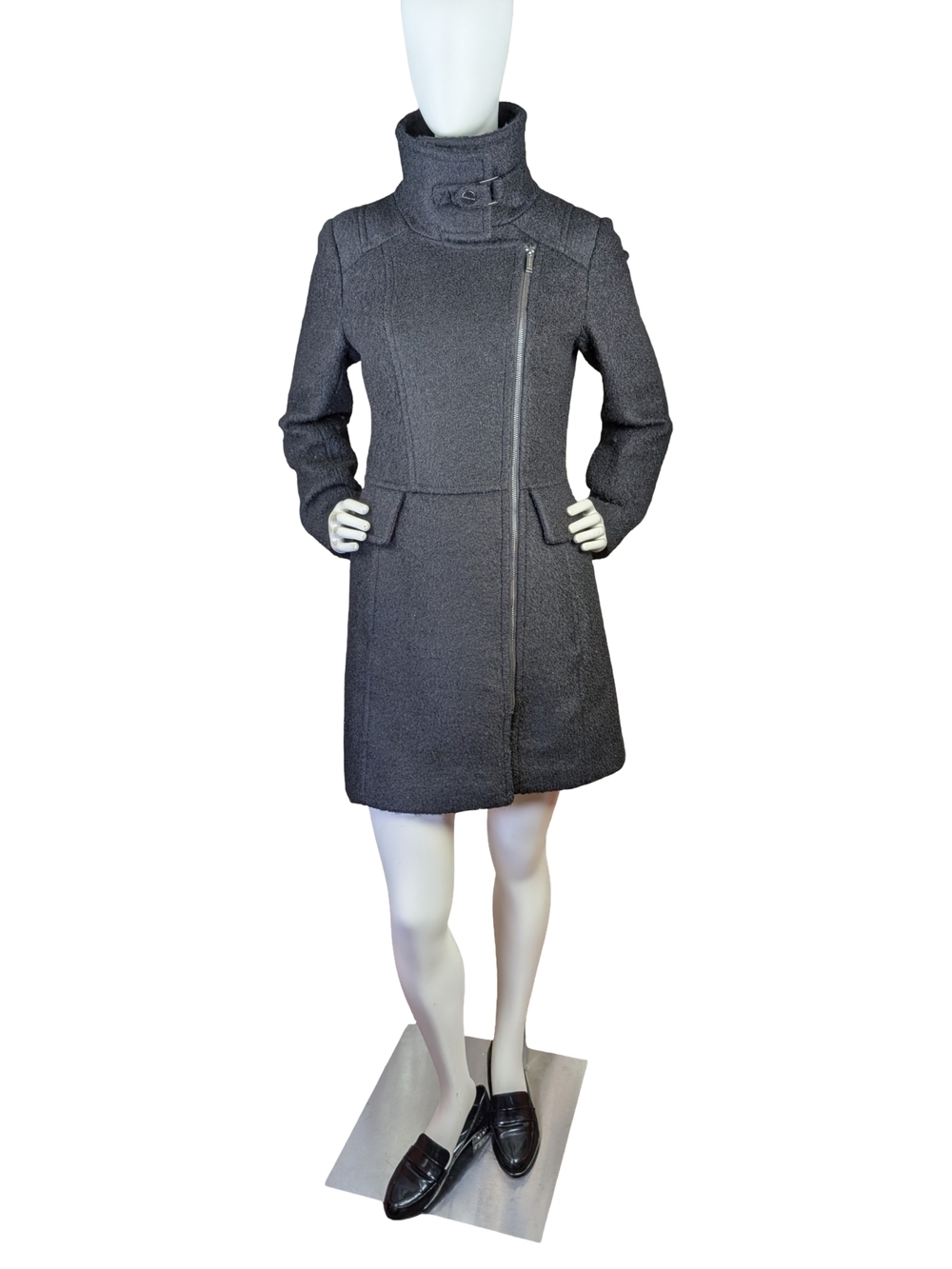 London Fog Wool Blend Asymmetrical Zip Coat XS Black Textured Funnel Neck